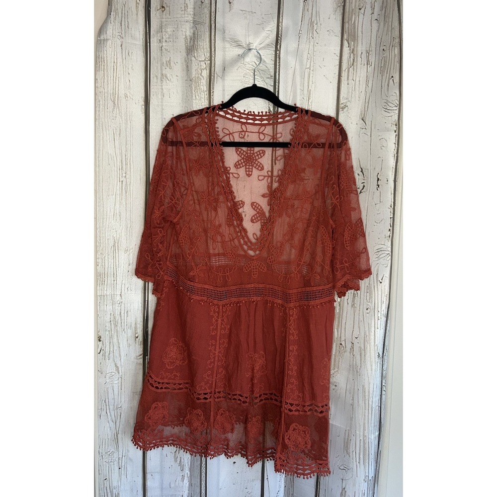 Red/orange Lace Crochet Boho Folk Tunic Blouse Top Cover-Up Womens  OS